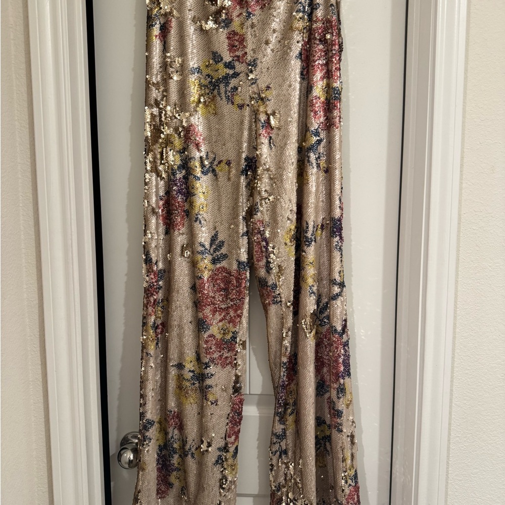 Forever 21 Sequin Floral Wide-Leg Trousers